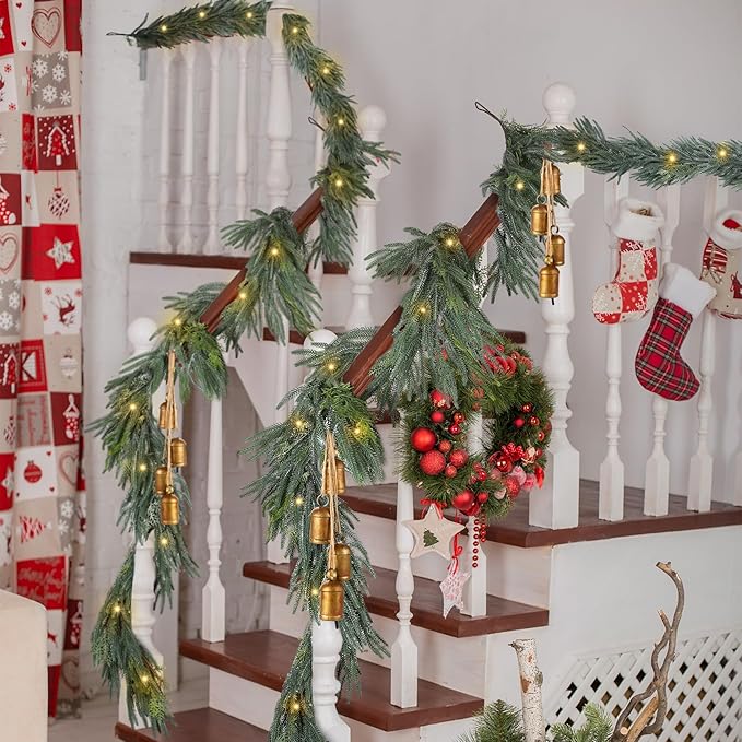 Fovths 6 Ft Christmas Garlands with Lights and Bells Real Touch Norfork Cedar Pine Garland Artificial Greenery Garlands for Christmas Mantle, Table Indoor Outdoor Decorations, Green and White