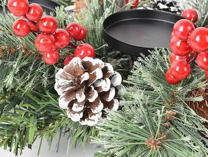 DearHouse Christmas Candle Holder Centerpiece, Pine Cones and Red Gold Berry Table Centerpiece with 3 Candle Holders Table Accent Centerpiece for Festival Home Decoration22 x10 x5(L x W x H)