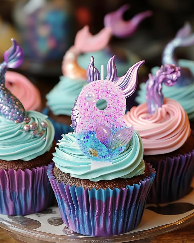 Mermaid Themed Birthday Candles, Number 8 Girls Glitter Birthday Party Supplies,Anniversary Party Decor,2.87 inch Cake Topper Decorations (Mermaid Themed, Number 8)