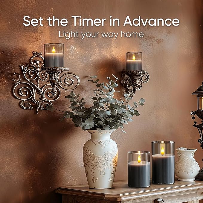 5plots Flameless Battery Operated Candles Set of 3, Gray LED Candles with Remote Timer, Real Wax Glass Pillar Candles Warm Flickering Light for Indoor Home, Halloween, Christmas Decor D3 x H4 5" 6"