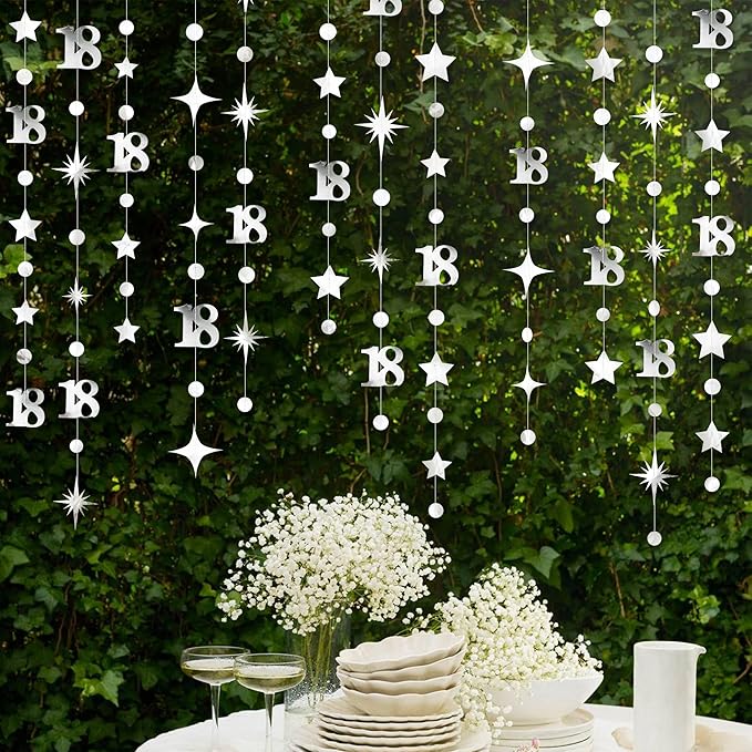 Silver 18th Birthday Decorations Number 18 Circle Dot Twinkle Star Garland Metallic Streamer Banner Backdrop for Girls Boys Happy 18th Birthday Time to Adult Cheers to 18 Years Old Anniversary Party
