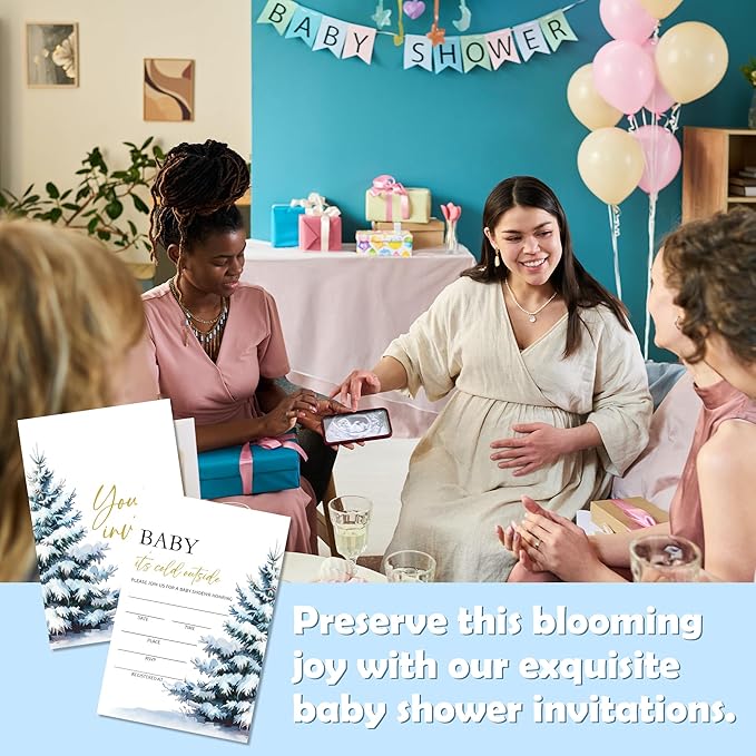 4'' x 6'' Baby It's Cold Outside Baby Shower Invitations - 25 Tree & Snow Invited Cards with Envelopes - Winter Announcement Invites for Boys & Girls, Gender Reveal Party Supplies & Decor -A04