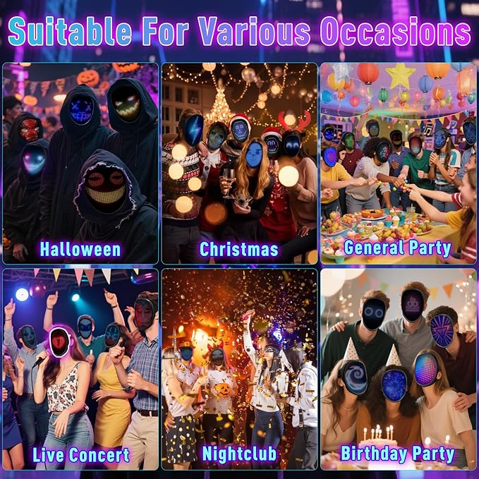 Led Mask Costume with APP Controlled, Led Halloween Mask, Funny Light Up Halloween Face Mask for Christmas Birthday Cosplay Party, Glow Up Mask for Kids Men Women