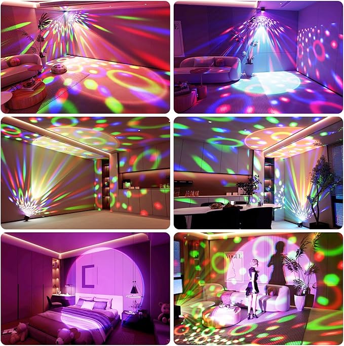 Disco Ball Party Lights Disco Light Sunset Lamp Projector with White+RGB+UV+YGB Modes LED Strobe DJ Stage Lights for TIK Tok Live Photography Parties Home Room Dance Birthday Christmas Halloween Decor