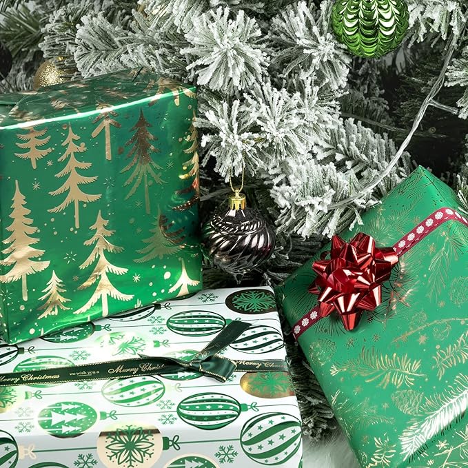 MAYPLUSS Christmas Wrapping Paper Roll - Mini Roll - 17 inch X 120 inch Per roll - 3 Different Green Design with Glitter Metallic Foil Shine (42.3 sq.ft.ttl)