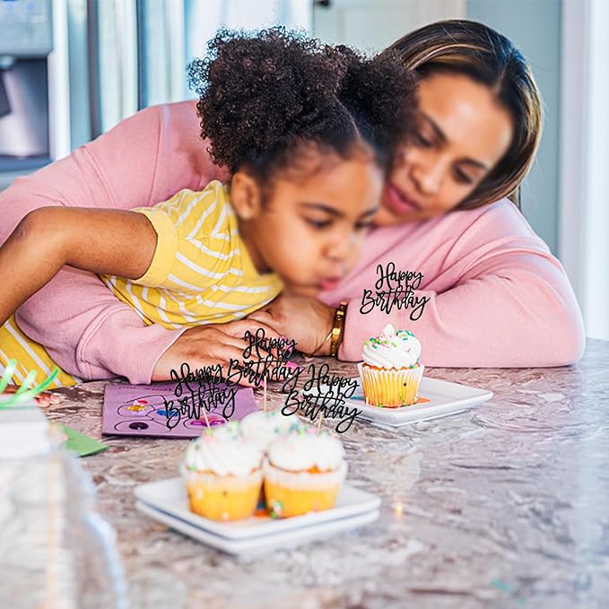 24 PCS Glitter Cupcake Toppers - Happy Birthday & Anniversary Cake Decorations - Black