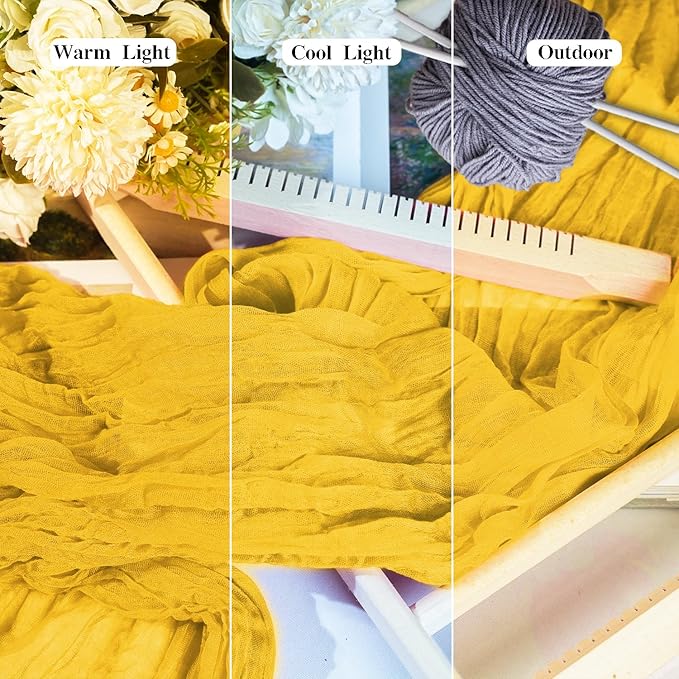 12 Pack Gold Cheesecloth Table Runner, 35x120 Inch Mustard Boho Gauze Table Runner 10ft Rustic Sheer Cheese Cloth Runners for Bridal Shower Wedding Party Baby Shower Table Decor