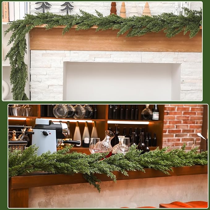 Dingion 1 PCS 6 ft Christmas Cedar Garland - Artificial Realistic Decorations Cedar Pine Needles Faux Garland for Seasonal Holiday Decor - Suitable for Table, Mantel, Stair