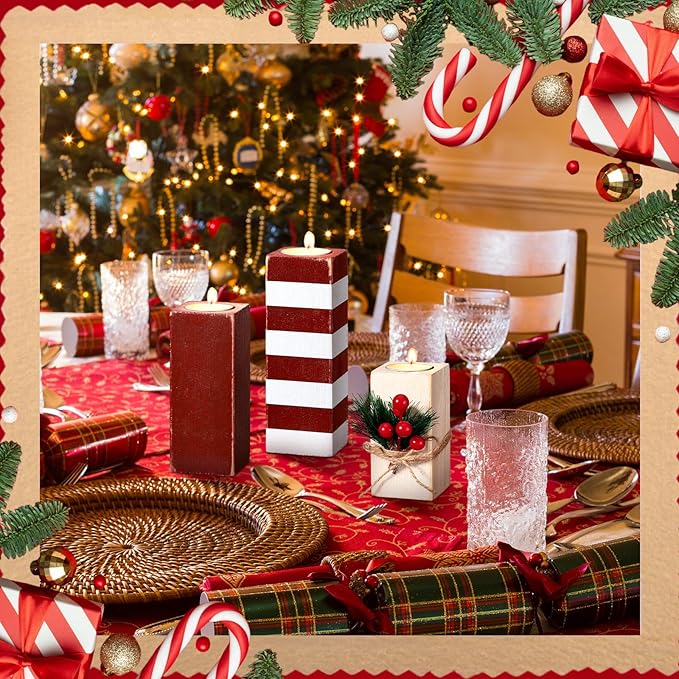 3 Pcs Christmas Candle Holders with Candles Wooden Xmas Tealight Candle Holders Decorations Red White Striped Votive Wood Candlestick Christmas Table Centerpiece for Xmas Party Favors Decor