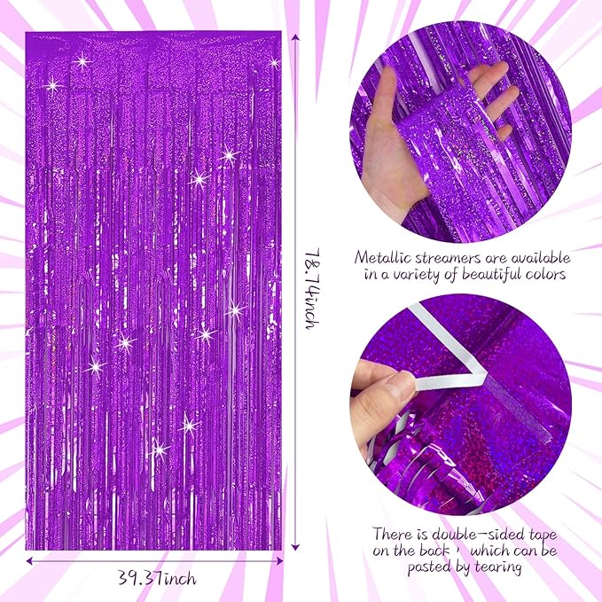 Tinsel Curtain Backdrop Purple Birthday Decorations 5 Packs Glitter Foil Fringe Streamers Photo Booth for Christmas Wedding Halloween Graduation Party Decor