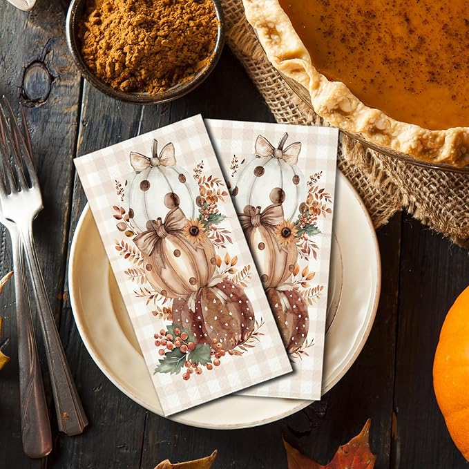 100 Pcs Thanksgiving Napkins Disposable Fall Paper Napkins for Autumn Harvest Brown Pumpkins and Buffalo Plaid Paper Hand Towels for Bathroom Kitchen Halloween Party