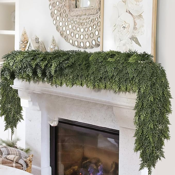 9FT Thick Christmas Garland with 240 Cedar Branches, Real Touch Green Cedar Garland for Christmas Decorations, Artificial Greenery Garland for Table, Mantle, Wall, Indoor, Outdoor Holiday Decor