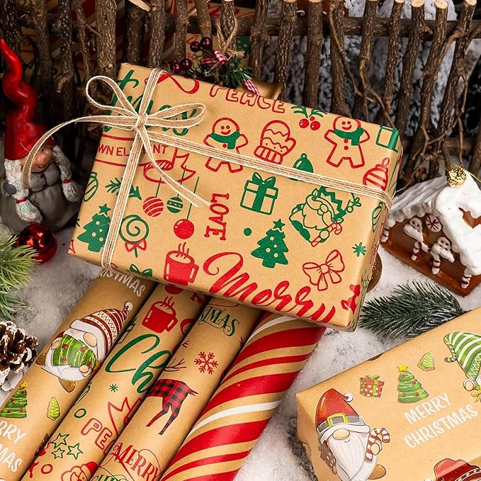 MAYPLUSS Christmas Wrapping Paper Jumbo Rolls - 30IN X 120IN - 4 Roll - Kraft Merry Christmas Reindeer Gnome Stripe for New Year Holiday Party Kids