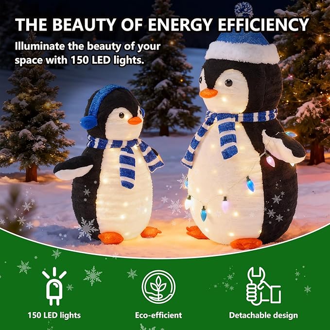 DUMOS 2-Piece Lighted Penguin Family Outdoor Christmas Decoration, Pop up Holiday Decor with 150 LED Lights for Yard, Garden, Storefront, Blue