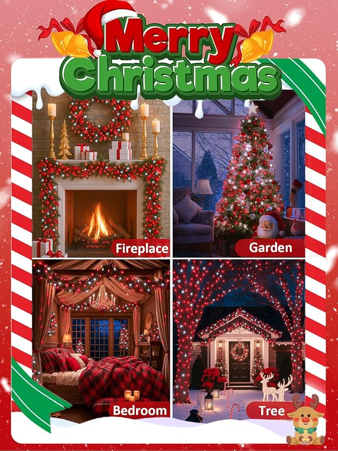 Voice Controlled Smart Christmas Lights Outdoor, 75.8ft 200 LED Extendable String Lights with 7 Voice Commands, 12 Modes & Timer, Waterproof Christmas Decorations for Party Tree Garden (Red and White)