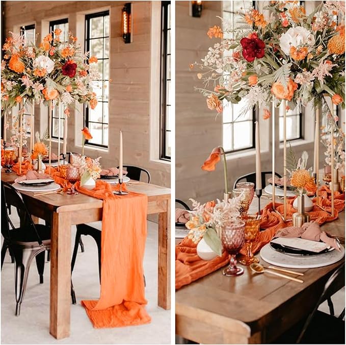 12 Pack Fall Table Runner Orange Cheesecloth 10FT Boho Gauze Fabric Table Runner 35 x 120 Inch Rustic for Thanksgiving Wedding Decor Holiday Party Boho Decoration(Orange)