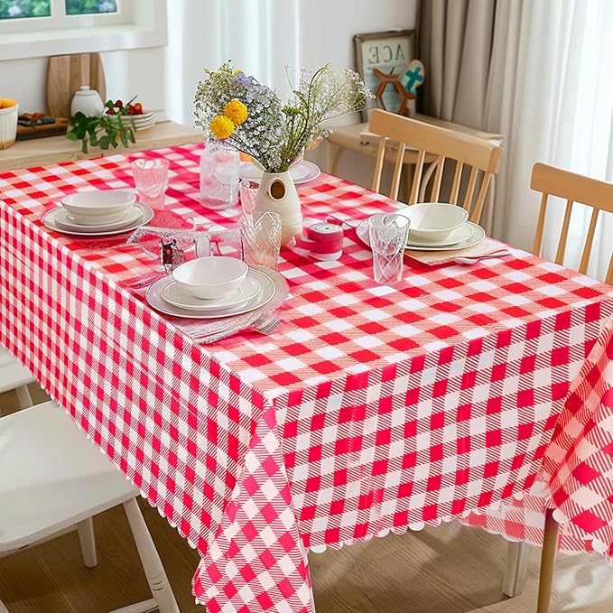 12 Pack Red and White Checkered Tablecloth, 54 X 108Inch Plastic Red Gingham Table Cloth Disposable Spring Picnic Tablecloth Waterproof Red Checkered Table Cover for BBQ Picnic Barbecue Birthday Party