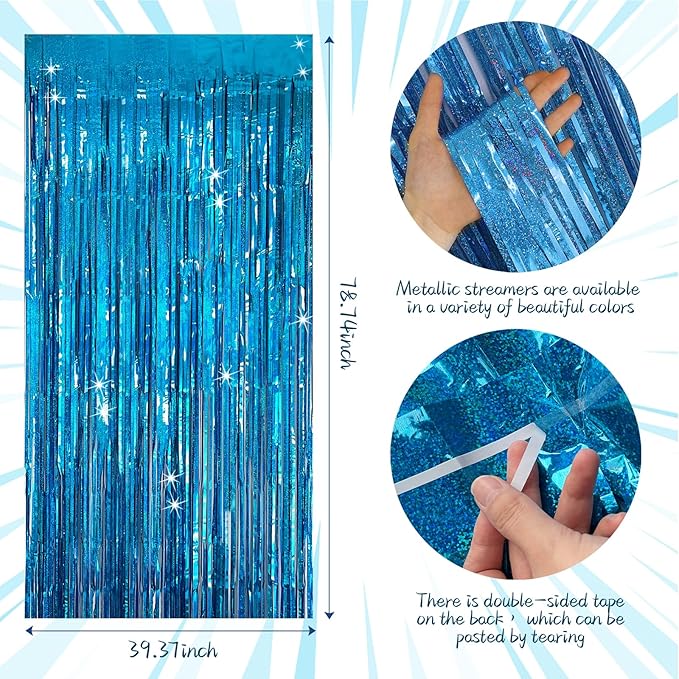 Tinsel Curtain Party Backdrop Blue Birthday Decorations 5 Packs Glitter Foil Fringe Curtain Party Decor Streamers Photo Booth for Birthday Christmas Wedding Halloween Graduation Decorations