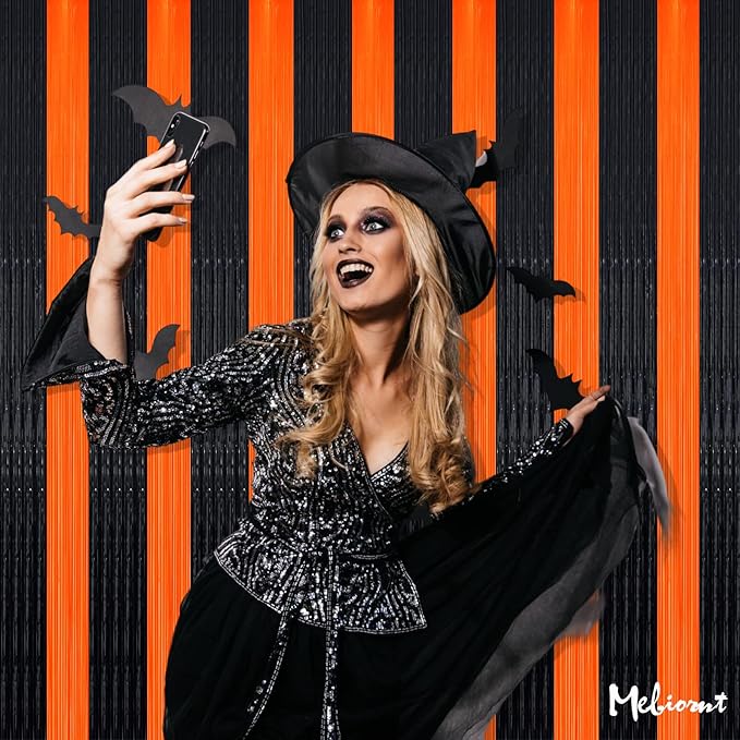 4 Pack Fringe Curtain Backdrop, 3.2Ft x 9.8Ft Black Orange Metallic Tinsel Foil Fringe Streamers Background for Photo Booth Birthday Wedding Baby Shower Carnival Easter Mother’s Day Party Decorations