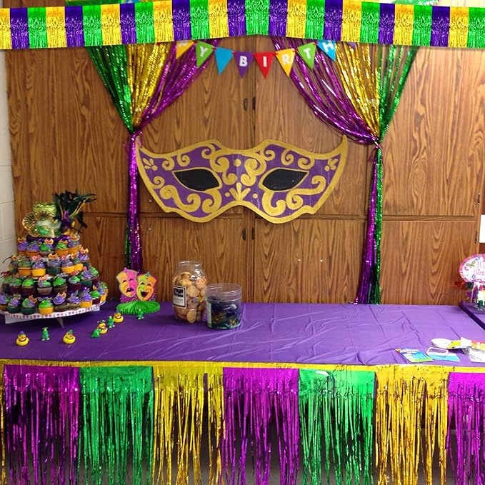 6 Pack 6 Feet Mardi Gras Foil Fringe Garland Metallic Tassle Banner Wall Hanging Tinsel Streamers Backdrop for Parade Floats, Bachelorette, Wedding, Birthday Party Decorations(Gold Green Purple)