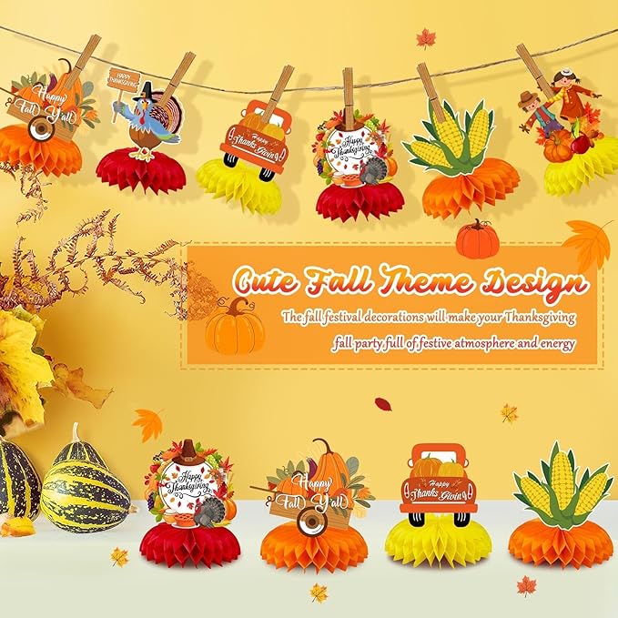 JULMELON 8Pcs Fall Party Decorations, Thanksgiving Table Decorations Honeycomb Centerpieces 3D Double Side Fall Festival Decor Turkey Pumpkin Table Toppers for Friendsgiving Family Party Favors