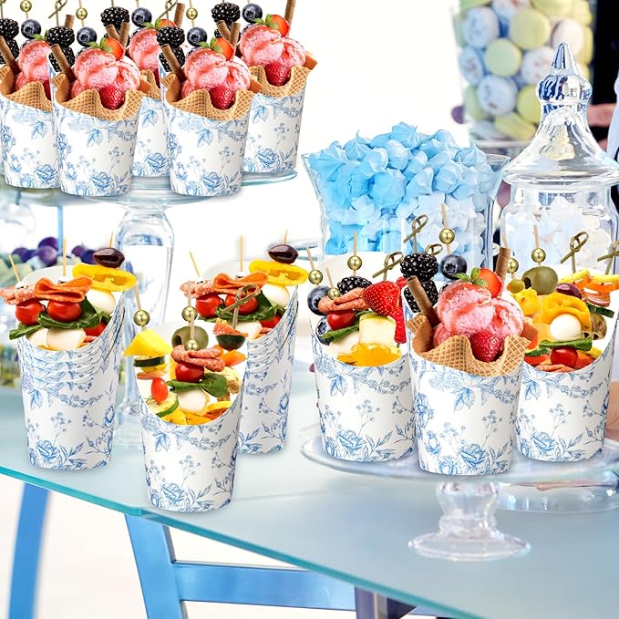 Tioncy 250 Pcs Charcuterie Cups with Cocktail Picks Sets, Bridal Shower Decoration 50 Charcuterie Cups with 200 Sticks for Wedding Baby Shower Floral Boho Witch Party Decorations(Blue,Flower)