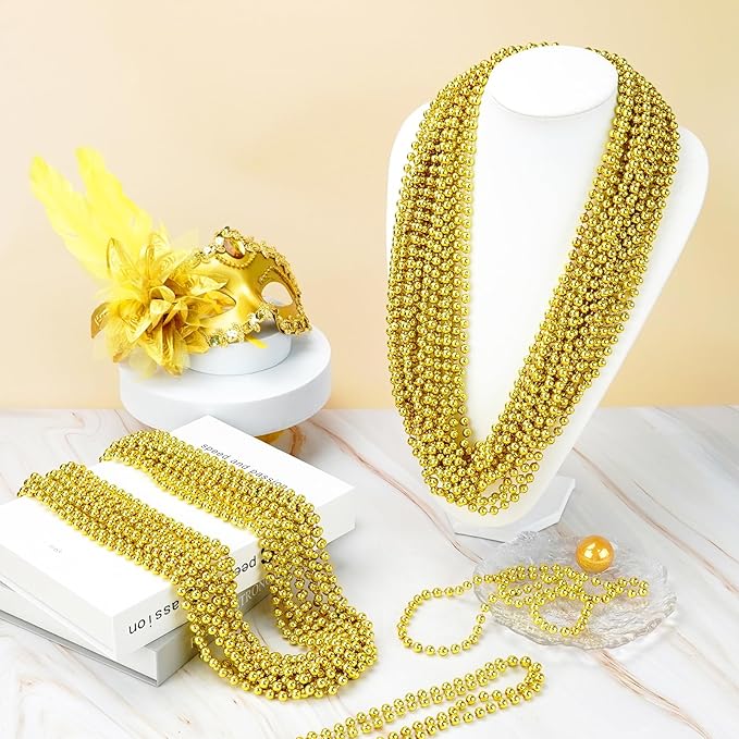 100 PCS Gold Bead Necklace, Gold Mardi Gras Christmas Beads Necklaces 33" Metallic Beaded Costume Necklaces Party Necklaces for Mardi Gras Parade Throws Wedding Birthday Pirate Party Favors