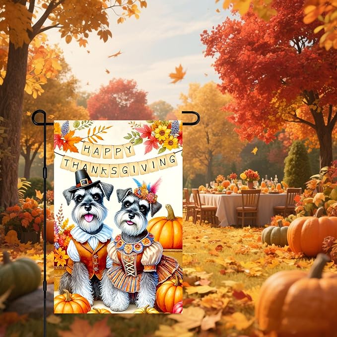 Happy Thanksgiving Garden Flag Dressed Up Schnauzers Pilgrims Pumpkins Autumn Decor 12x18 Inch Double Sided Outdoor Banner For Front Yard Porch Lawn Patio Seasonal Home Decoration Festive