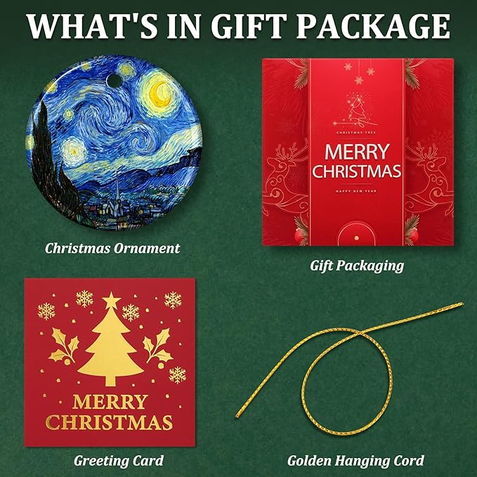 Starry Night Style Christmas Ornaments, Christmas Ornaments Ceramic Art Ornament Starry Night by Van Gogh – Artist Ornaments for Christmas Tree, Elegant Blue Ornaments for Tree, Art Holiday Decor