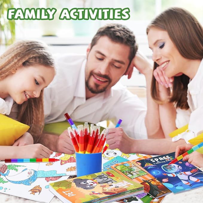 BenLouis Coloring Books for Kids With Stacking Crayons Set Mini Coloring Books Bulk for Ages 4-8-12 Small Activity Books for Birthday Party Gifts Goodie Bags Stuffers Travel(24+24Pcs Assorted)