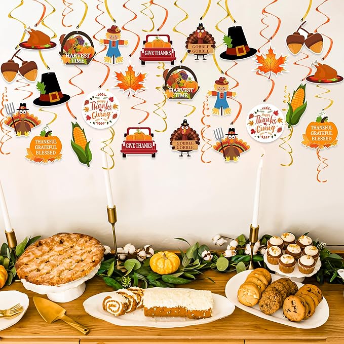 Thanksgiving Decorations Hanging Swirl - 36Pcs Thanksgiving Hanging Ceiling Streamers - Turkey Corns Pumpkin Maple Leaves Swirls for Home Indoor Outdoor Party Office Decor Supplies (NO DIY Required)