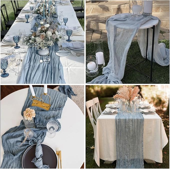 12 Pack Dusty Blue Cheesecloth Table Runner 10FT Boho Gauze Fabric Table Runner 35 x 120 Inch Rustic Sheer Runner for Centerpiece Wedding Decor Party Boho Table Decoration(Dusty Blue)