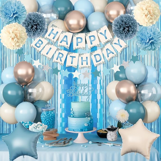 Blue Birthday Decorations, Retro Dusty Blue Sand White Gold Party Balloon Kit with Happy Birthday Banner Fringe Curtain Background Pom Poms Cake Topper for Baby Boys Girl Women Men Bday Decor Supplies