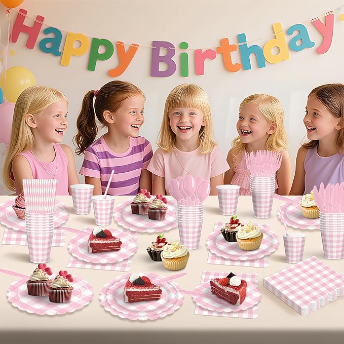 192 PCS Gingham Party Supplies Serve 24 Guests Gingham Plates and Napkins and Cups for Birthday Decorations Baby Shower Checkered Party Supplies Dinnerware Sets for Girl Boy Light Pink White