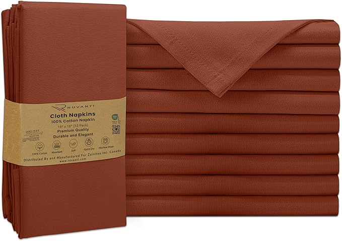 Ruvanti Premium Cloth Napkins Set of 12, 18x18 Inches, 100% Cotton, Washable, Soft & Absorbent, Perfect for Wedding, Christmas, Thanksgiving Dinners - Rust