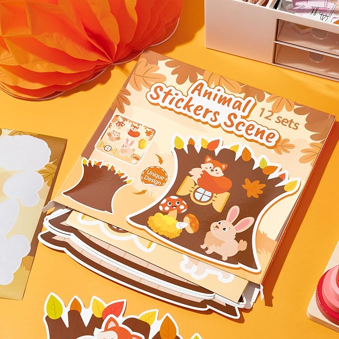 CY2SIDE 12 Sets Fall Woodland Animal Scene Sticker Art Craft for Kids, Make A Fall Woodland Scene with Fox Pumpkin Sticker, DIY Autumn Party Games for School Classroom Activities