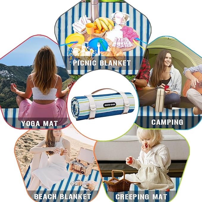 G GOOD GAIN Waterproof Picnic Blanket Portable with Carry Strap for Beach Mat or Family Outdoor Camping Party(Cobalt)