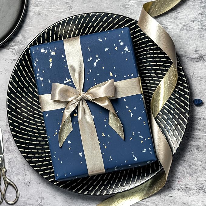 WRAPAHOLIC 30 Inch Jumbo Navy Blue Wrapping Paper Roll - 30 Inch x 16.5 Feet - Navy Blue Gold Design with Silky Touch Perfect for Birthday, Holiday, Wedding, Baby Shower