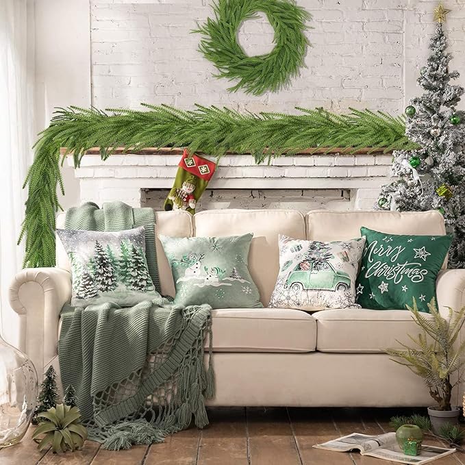 4 Pcs 9 Ft Artificial Norfolk Pine Garlands, Real Touch Norfolk Pine Garland, Realistic Natural Christmas Greenery for Table, Mantle, Wall, Indoor, Outdoor Holiday Decor (4, 9 FT)