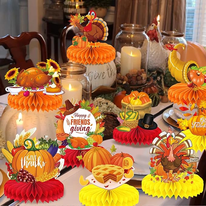 Thanksgiving Table Decorations Centerpieces 9pcs Friendsgiving Table Decorations Fall Centerpieces Turkey Centerpieces for Tables Thanksgiving Honeycomb Table Decorations for Fall Pumpkin Party