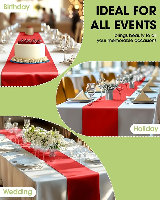 Pureegg Red Plastic Table Runners - 12 Pack, 14'' x 108'', Water Resistant & Disposable Centerpiece Decorations for Table Cloth, Wedding, Birthday, Holiday, Baby Shower, Party, Home Decor
