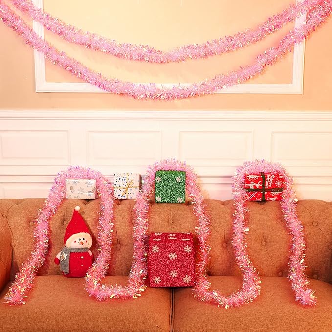 Dilunave 40 Feet Christmas Tinsel Garland Metallic Foil Twist Tinsel Garland Decoration for Christmas Tree, Wedding, Birthday and Party Hanging Decorations(Pink, Rainbow)