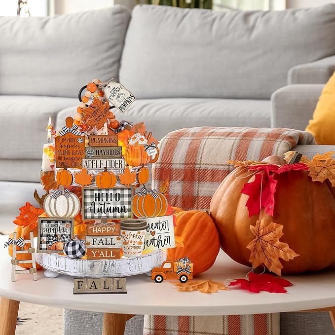 21 Pcs Fall Thanksgiving Tiered Tray Decoration Set Thanksgiving Table Sign Pumpkins Farmhouse Gnome Maple Leaves Centerpieces Harvest Wood Blocks Signs Fall Block Tabletop for Autumn
