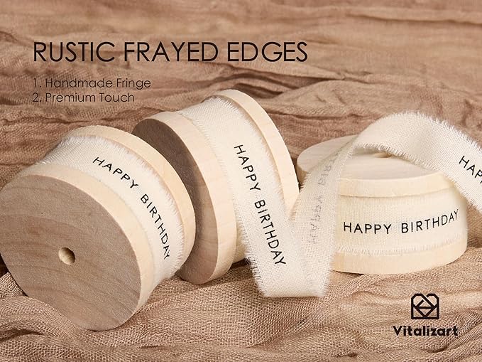 Vitalizart Happy Birthday Cotton Ribbon 5/8 Inch Cream White Natural Handmade Frayed Fringe Ribbons 15 Yd 3 Rolls for Birthday Party Event Gift Wrapping Flower Bouquet Decor