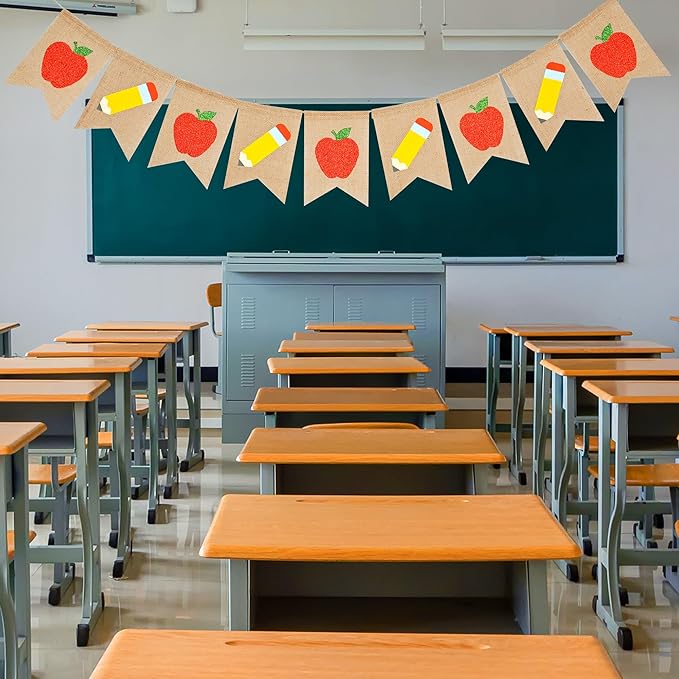Glitter Apple Pencil Burlap Banner,Welcome Back to School Decorations,First Day of School Banner Garland for Classroom Teachers Office Backdrop Party Supplies