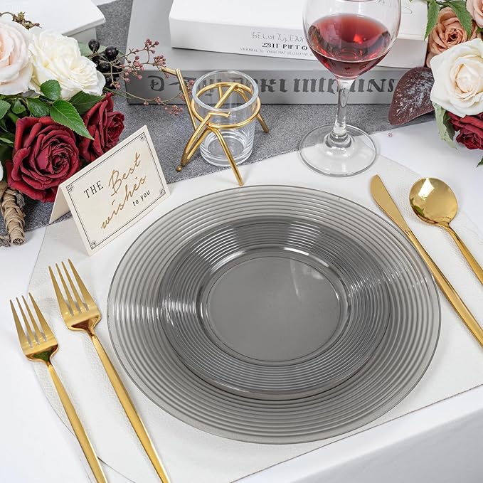 FLOWERCAT 100PCS Clear Black Plastic Plates Disposable Plates for Party - Heavy Duty Plastic Plates - 10" &7" Plate for 50 Guests Halloween Parties and Events (Smoke Gray)