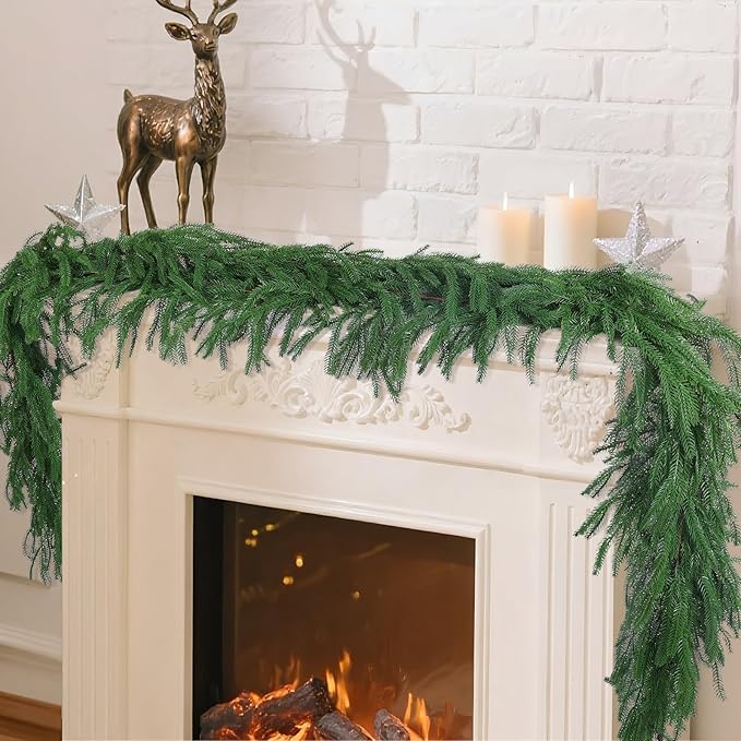 4 Pcs 9 Ft Artificial Norfolk Pine Garlands, Realistic Christmas Pine Garland Faux Winter Greenery for Holiday Table Centerpiece, Mantel, Wall, Indoor, Outdoor Christmas Decor (4, 9 Ft)