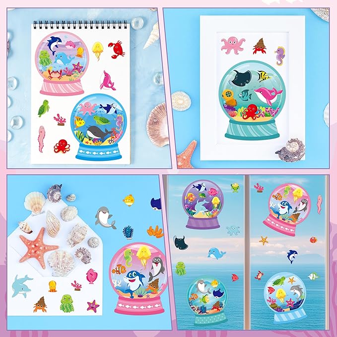CY2SIDE Ocean Animal Crystal Ball Stickers - 40PCS Crystal Summer Sea Animals Make a Face Sticker Sheet for Kids Make Your Own Under The Sea Fish Tank Scene Craft Games for Kids Classroom Activities