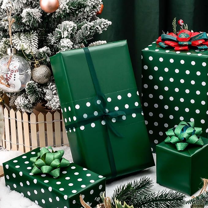 Yarcony Polka Dots Reversible Wrapping Paper Roll - 17 Inch x 33 Feet - Classic Green and White Christmas Polka Dot Holiday Winter Themed Wrapping Paper for Holiday, Birthday, Party, St. Patrick's Day