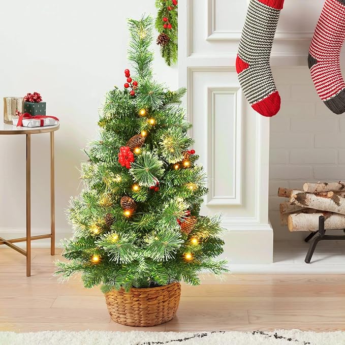 Joyhalo 3FT Christmas Tree Table Top, Small Pre Lit Christmas Tree, Artificial Xmas Tree with 135 Branches 70 Lights Battery Powered for Apartment Office Holiday Party Decor